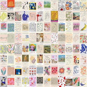 May include: A collage of 64 colorful art prints featuring various artists and styles, including Matisse, Picasso, and Van Gogh. The prints feature a variety of subjects, including flowers, animals, and abstract designs. The prints are arranged in a grid pattern and are all framed in white.