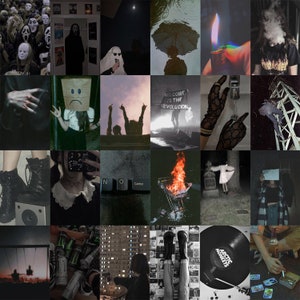 May include: A collage of dark, moody images. Includes a crowd wearing Scream masks, a person in a ghost costume, a person smoking, a burning shopping cart, and a vinyl record. The overall theme is a dark aesthetic.