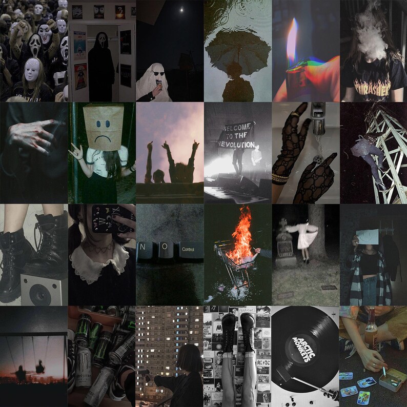 May include: A collage of dark, moody images. Includes a crowd wearing Scream masks, a person in a ghost costume, a person smoking, a burning shopping cart, and a vinyl record. The overall theme is a dark aesthetic.