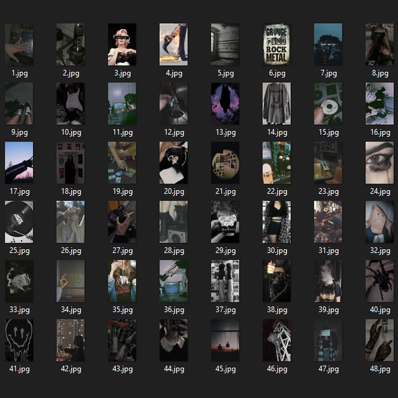 May include: A collection of 48 images, each labeled with a number and the .jpg file extension. The images vary in content, including portraits, objects, and text, with a grunge and punk rock aesthetic. The text "GRUNGE PUNK ROCK METAL" is visible.