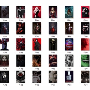 May include: A collection of 40 images featuring various gothic and vampire-themed illustrations. The images include portraits, scenes, and abstract designs in shades of red, black, and white.