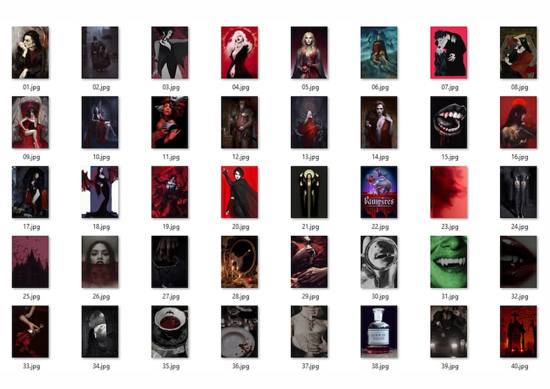 May include: A collection of 40 images featuring various gothic and vampire-themed illustrations. The images include portraits, scenes, and abstract designs in shades of red, black, and white.