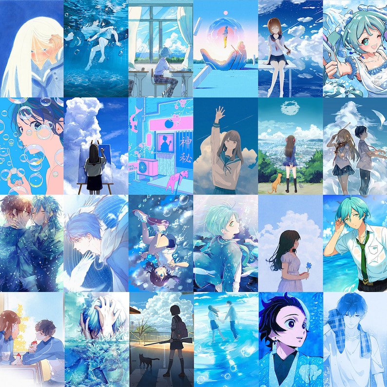 May include: A collage of 16 images featuring anime characters in various settings, including a blue sky with clouds, a cityscape, and a forest. The images are all in a blue and white color scheme.