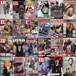 May include: A collage of magazine covers featuring various hip hop artists, including 50 Cent, 2Pac, RaeKwon, Wiz Khalifa, Mary J. Blige, Nas, Mobb Deep, Young Buck, and more. The covers are from magazines such as XXL, The Source, Vibe, and Right On.