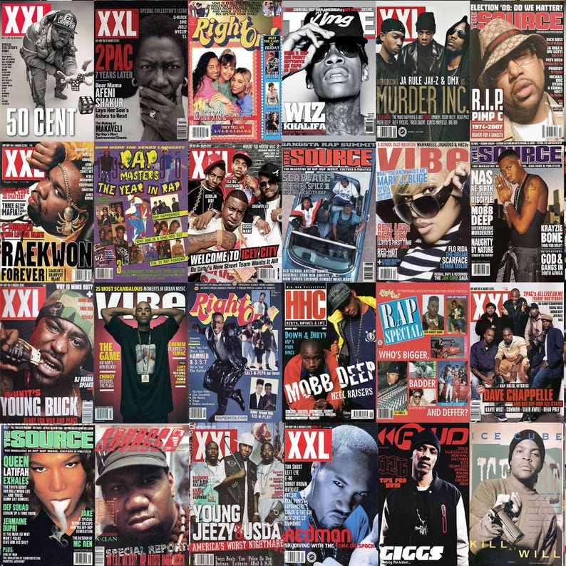 May include: A collage of magazine covers featuring various hip hop artists, including 50 Cent, 2Pac, RaeKwon, Wiz Khalifa, Mary J. Blige, Nas, Mobb Deep, Young Buck, and more. The covers are from magazines such as XXL, The Source, Vibe, and Right On.