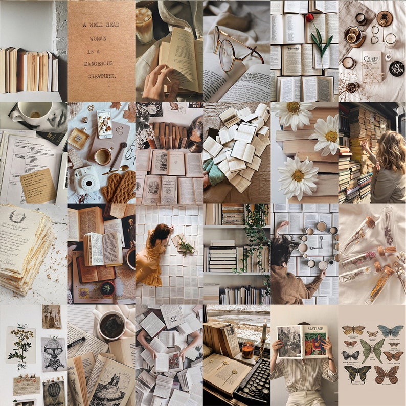 May include: A collage of images featuring books, flowers, and other literary-themed objects. The images are arranged in a grid pattern, with each image showing a different aspect of the theme. Some of the images feature close-ups of books, while others show bookshelves, flowers, and other objects. The overall effect is one of warmth and nostalgia.
