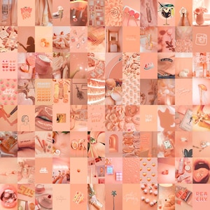 Op de afbeelding: Een esthetische collage met als thema perzik met afbeeldingen van perziken, bloemen, eten en andere objecten. De collage bestaat uit 49 afzonderlijke vierkanten, elk met een ander beeld. Het algemene kleurenschema is perzik, roze en wit.