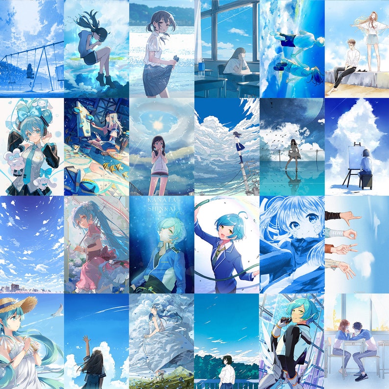 May include: A collage of images featuring anime characters in various settings, including a blue sky with clouds, a school classroom, and a beach. The characters are drawn in a colorful style with vibrant colors and detailed features.