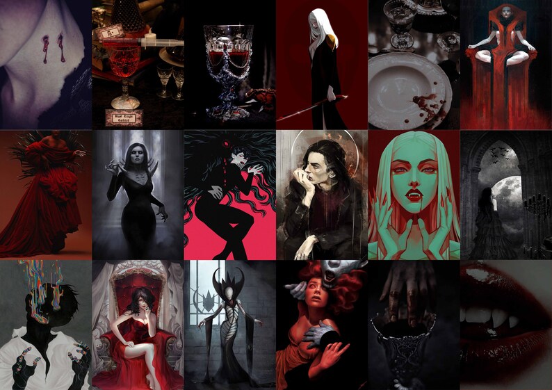 May include: A collage of images depicting a dark and gothic aesthetic. The images feature vampires, blood, and other spooky elements.