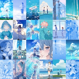 May include: A collage of images featuring various scenes and characters in a blue and white color scheme. The images include a blue sky, clouds, water, people, and buildings. The overall theme is light and airy.