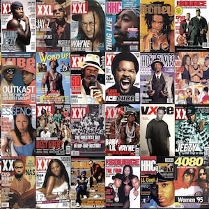 May include: A collage of magazine covers featuring various hip hop artists, including Jay-Z, Lil Wayne, Ice Cube, and Snoop Dogg. The covers are from magazines such as XXL, The Source, and Vibe.