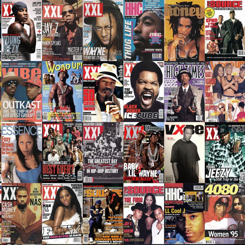 May include: A collage of magazine covers featuring various hip hop artists, including Jay-Z, Lil Wayne, Ice Cube, and Snoop Dogg. The covers are from magazines such as XXL, The Source, and Vibe.