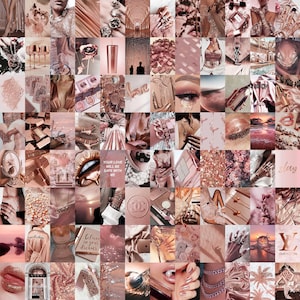 Puede incluir: Un collage de imágenes en tonos rosas y dorados. Las imágenes incluyen accesorios de moda, joyas, maquillaje y otros artículos. El collage es una estética popular en las redes sociales.