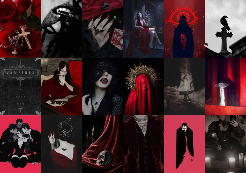 May include: A collage of images with a gothic and vampire theme. The images include a book titled "Vampires", a red velvet curtain, a skull, a vampire with fangs, a woman in a red dress, a crow on a cross, and a heart with blood dripping from it.