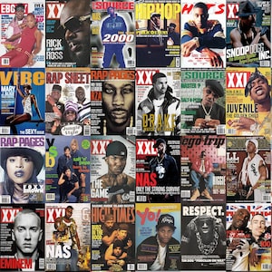 May include: A collage of magazine covers featuring various hip hop artists, including Eminem, Nas, Drake, Snoop Dogg, and LL Cool J. The covers are from different magazines, including XXL, Vibe, Source, and Rap Pages.