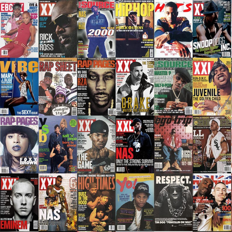 May include: A collage of magazine covers featuring various hip hop artists, including Eminem, Nas, Drake, Snoop Dogg, and LL Cool J. The covers are from different magazines, including XXL, Vibe, Source, and Rap Pages.