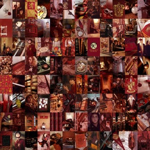 Op de afbeelding: Een collage van afbeeldingen met het Harry Potter-universum. De afbeeldingen zijn in tinten rood en goud en tonen verschillende personages, objecten en locaties uit de boeken en films. De collage bevat afbeeldingen van Zweinstein, de Zweinsteinexpress, de Gouden Snitch en de Sorteerhoed.