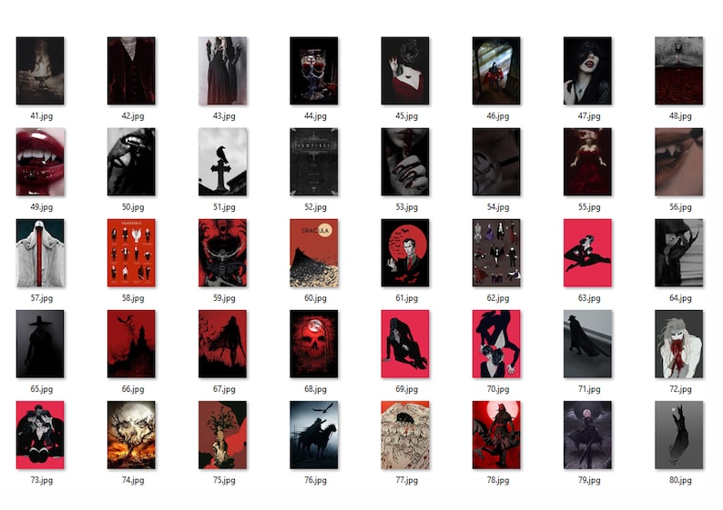 May include: A collection of 80 images featuring various vampire-themed illustrations, including portraits, skulls, and gothic scenes. The images are in a grid format, with each image labeled with a file name.