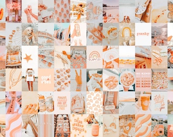 May include: A collage of 36 images in a grid pattern. The images are mostly in shades of peach, orange, and white. The images include a variety of subjects, such as flowers, food, drinks, and nature scenes. The text "good vibes", "home", "be kind", "forgive yourself and set yourself free", "think happy thoughts", and "life is tough so laugh" is visible in the collage.