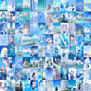 May include: A digital collage of 49 images featuring anime characters in various poses and settings. The images are predominantly blue and feature a variety of characters with different hairstyles and clothing. The collage is a vibrant and colorful representation of anime culture.