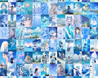 May include: A digital collage of 49 images featuring anime characters in various poses and settings. The images are predominantly blue and feature a variety of characters with different hairstyles and clothing. The collage is a vibrant and colorful representation of anime culture.