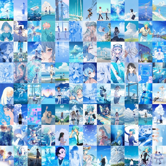 Blue Anime Wall Collage Kit | Manga Poster Photos (Digital)