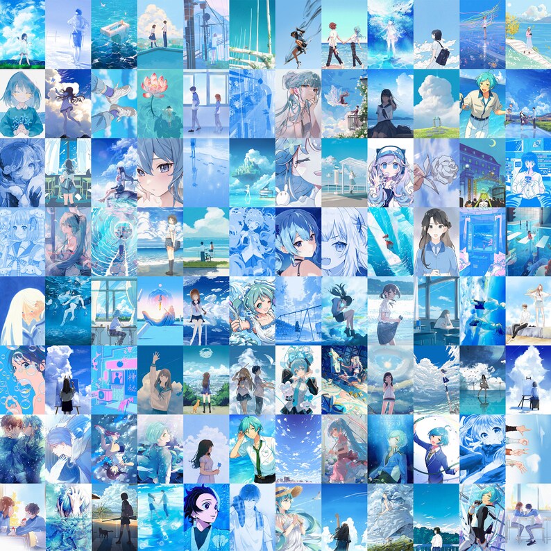 May include: A digital collage of 49 images featuring anime characters in various poses and settings. The images are predominantly blue and feature a variety of characters with different hairstyles and clothing. The collage is a vibrant and colorful representation of anime culture.