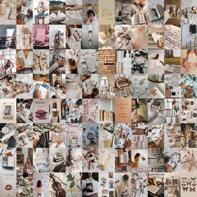May include: A collage of images featuring books, candles, and other decorative items. The images are arranged in a grid pattern and feature a variety of colors and textures. The overall theme of the collage is reading and relaxation.