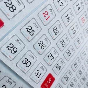 May include: Close-up of a calendar with dates printed in black on white rectangular cards. The month is indicated above each date. Some dates are highlighted in red. The calendar is for the months of January, March, and August.
