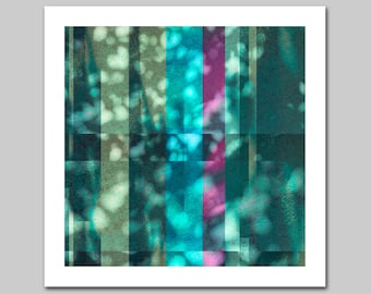 Garden window view, abstract original sustainable paper Giclée print, stained glass dappled green colours