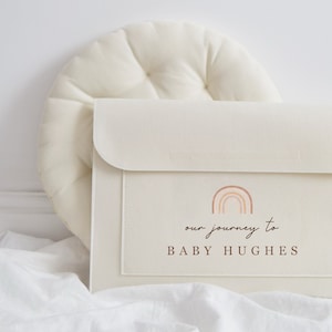 May include: A white felt storage box with a rainbow design and the text "our journey to BABY HUGHES".