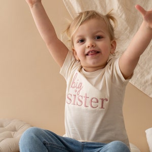 Embroidered Big Sister T-shirt Baby Announcement Sweatshirt Big Sis Top Older Sibling Baby Announcement Big Sister Taupe image 2