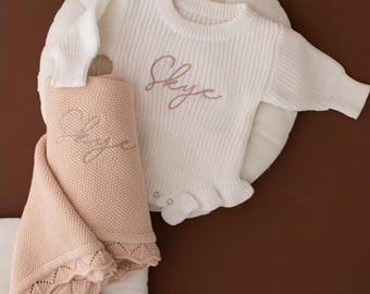 Personalised Knitted Baby Romper and Blanket Embroidered Newborn Baby Gifts Neutral Baby Gifts Boys Girls Knitted