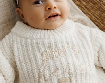 She's Here Knitted Baby Outfit Embroidered Newborn Baby Gifts Neutral Baby Gifts Boys Girls Knitted Hello World Set