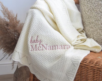 Personalised Knitted Baby Blanket - Personalised Baby Blanket - Unisex Baby Blankets - Knitted Baby - Classic Luxury Blanket - Cream