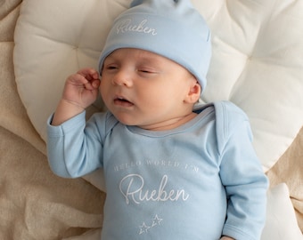 Personalised Hello World Baby Grow and Hat Set Newborn Baby Gifts Blue Baby Gifts Boys Girls Baby Outfit