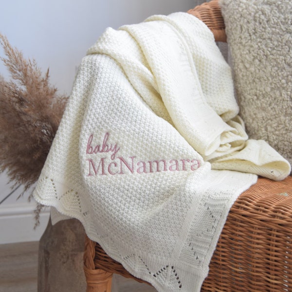 Personalised Knitted Baby Blanket - Personalised Baby Blanket - Unisex Baby Blankets - Knitted Baby - Classic Luxury Blanket - Cream