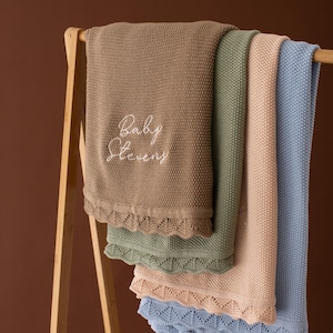 Personalised Knitted Cotton Baby Blanket: Embroidered Keepsake