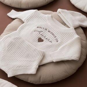 Personalised Hello World Baby Outfit Embroidered Newborn Baby Gifts Neutral Baby Gifts Boys Girls Knitted