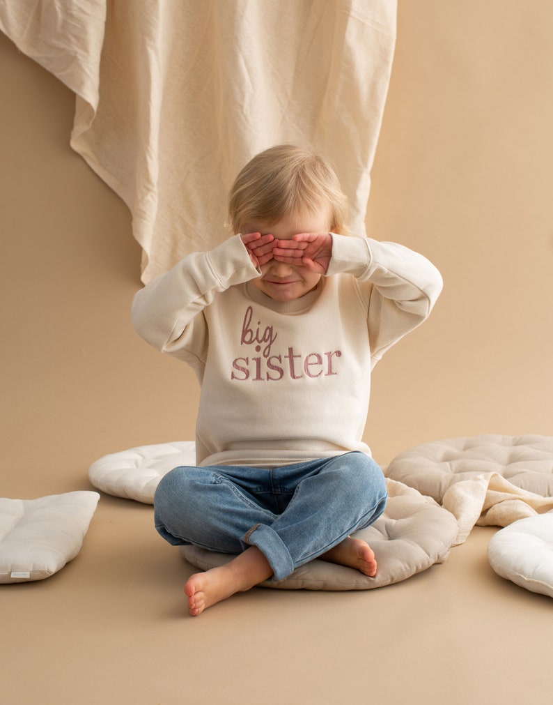 Embroidered Big Sister Sweatshirt Baby Announcement Sweatshirt Big Sis Top Older Sibling Baby Announcement Big Sister Speckled image 5