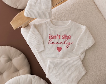 Isn't She Lovely Knitted Baby Outfit Embroidered Newborn Baby Gifts Neutral Baby Gifts Boys Girls Knitted Hello World Set
