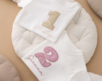 Embroidered Personalised Birthday T-shirt - 1st Birthday Summer Top - Glitter Birthday Top -  Girls Birthday Top