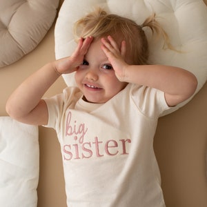 Embroidered Big Sister T-shirt Baby Announcement Sweatshirt Big Sis Top Older Sibling Baby Announcement Big Sister Taupe image 1