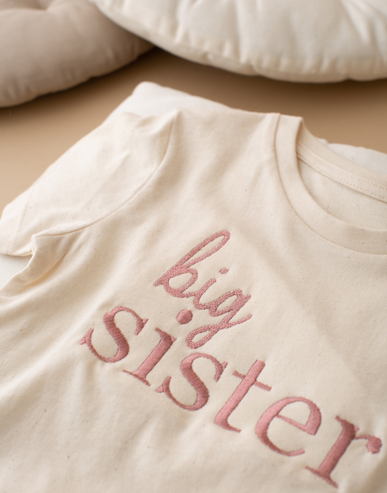 Embroidered Big Sister T-shirt Baby Announcement Sweatshirt Big Sis Top Older Sibling Baby Announcement Big Sister Taupe image 4