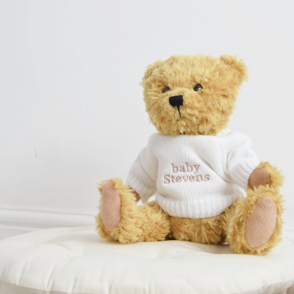 Teddy personnalisé de bébé - cadeau de bébé personnalisé - cadeaux de bébé unisexe - bébé tricoté - Teddy joint de luxe classique - cadeaux de douche de bébé