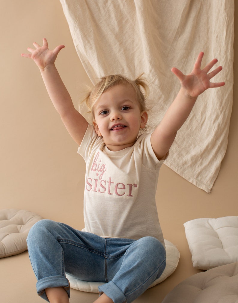 Embroidered Big Sister T-shirt Baby Announcement Sweatshirt Big Sis Top Older Sibling Baby Announcement Big Sister Taupe image 2