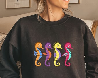 SeaHorse Sweatshirt, Rainbow Colors SeaHorse Sweater, Sea Creatures Pullover, SeaHorse Long Sleeve, Comfy Sweater For Sea Animal Lovers