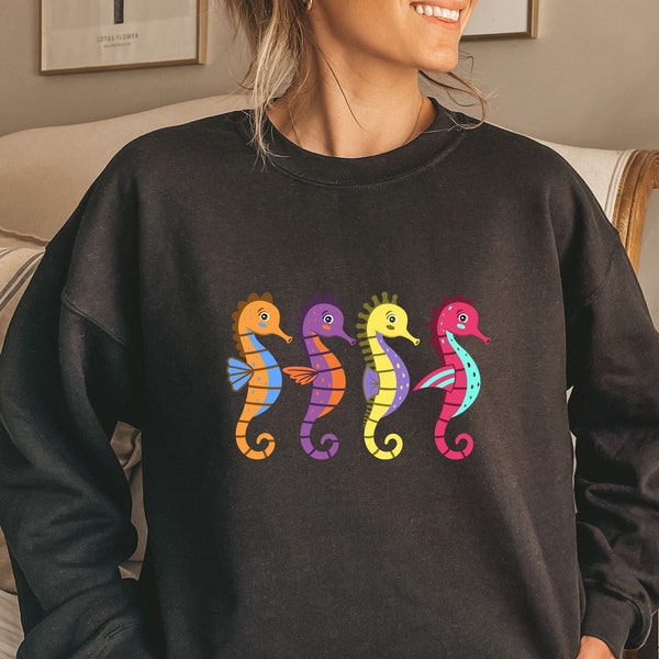 SeaHorse Sweatshirt, Rainbow Colors SeaHorse Sweater, Sea Creatures Pullover, SeaHorse Long Sleeve, Comfy Sweater For Sea Animal Lovers