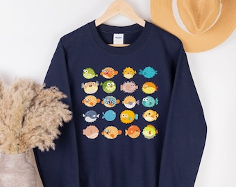 Cute Puffer Fish Sweatshirt, Tropical Fish, Puffer Fish Shirt, Blowfish Hedgehog Balloon Fish, Unisex Fish Pet Lover Gift, Swellfish Sweater