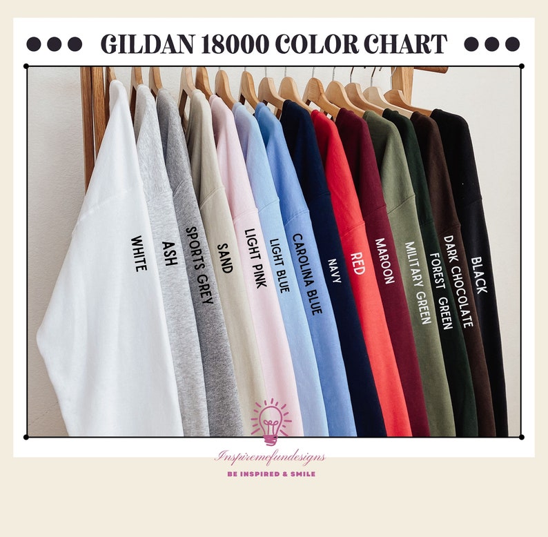 May include: Color chart for Gildan 18000 t-shirts, showing 13 different colors: black, dark chocolate, forest green, military green, maroon, red, navy, Carolina blue, light blue, light pink, sand, sports grey, and ash.